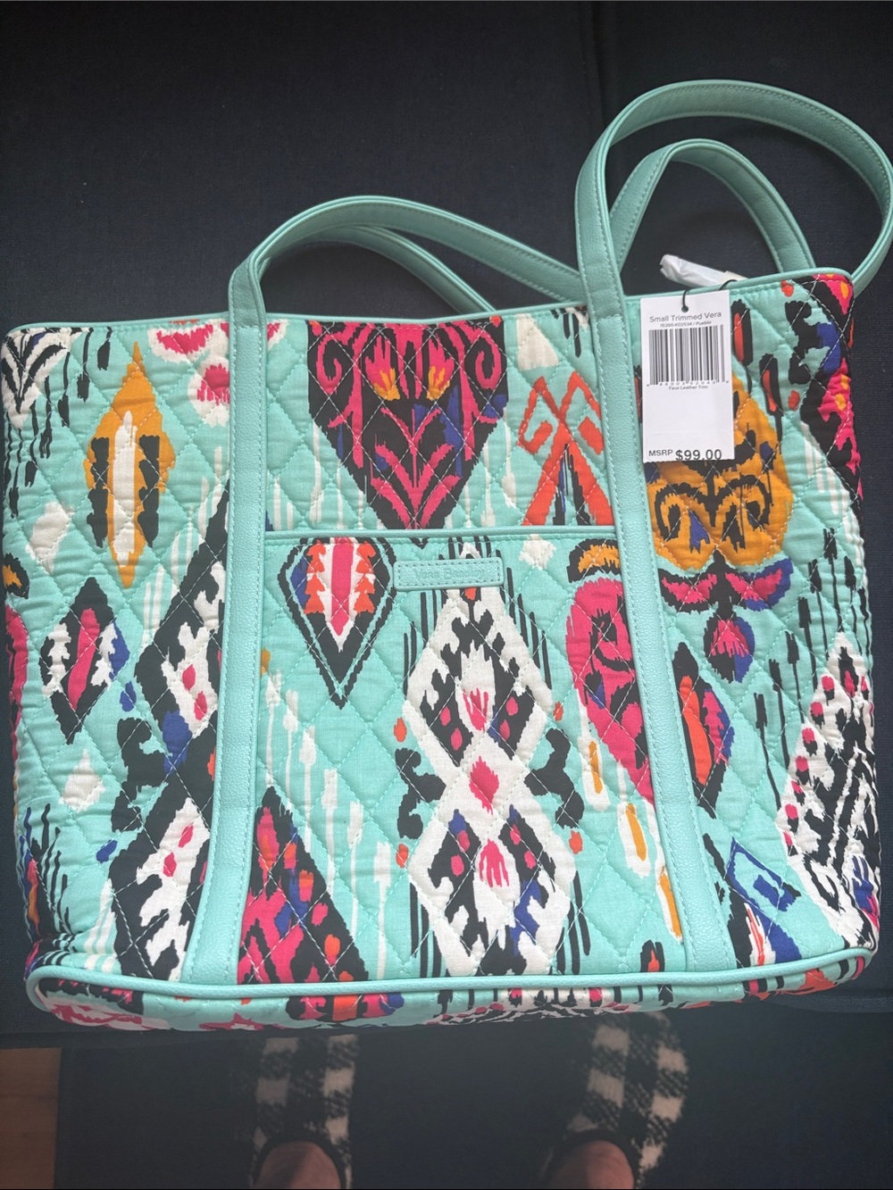 Vera Bradley Aqua Quilted Tote with Multicolor Ikat Print